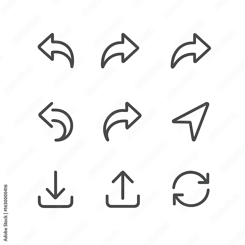 Poster arrow icon set. outline icon set of arrows in communication: reply arrow, forward arrow, share arrow