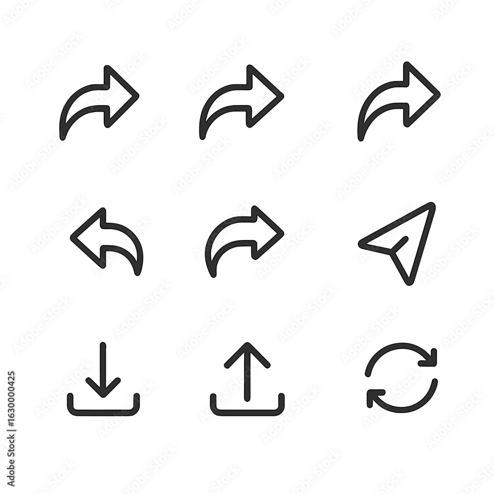 Poster arrow icon set. outline icon set of arrows in communication: reply arrow, forward arrow, share arrow