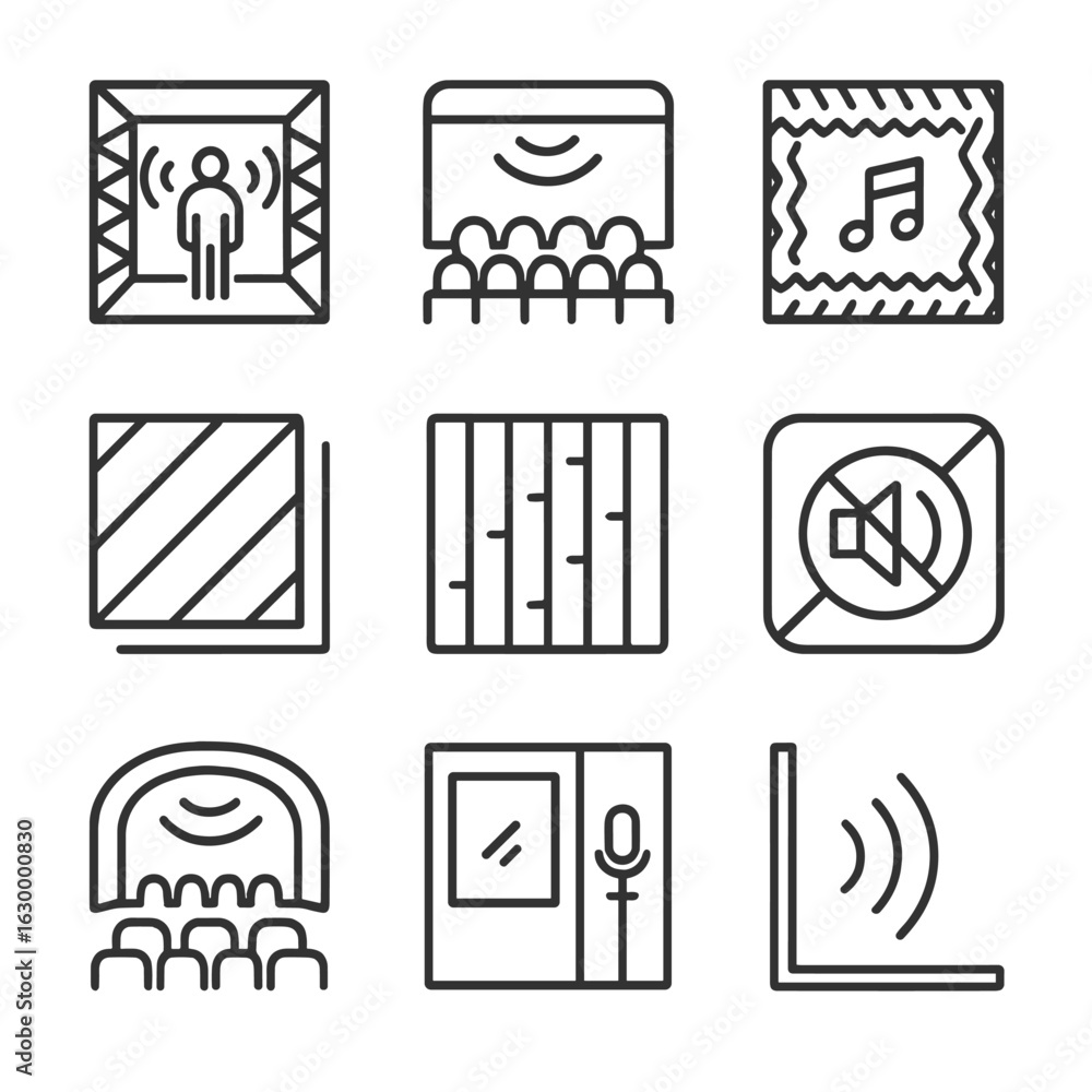 Poster echo architecture icons. outline icon set of echo in architecture and acoustics: echo chamber, audit