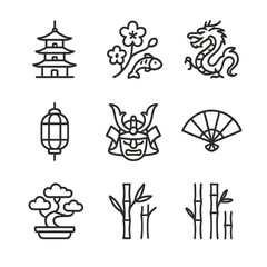East Culture Icon Set. Outline icon set of East culture: pagoda, cherry blossom, dragon, koi fish, paper lantern, samurai helmet,