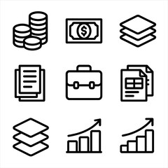 Finance Icon Set. Outline icon set of stack in finance: coin stacks, cash pile, investment layers, document stack, portfolio tiers