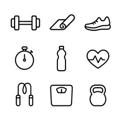 Fitness Icon Set. Outline icon set of daily fitness: dumbbell, yoga mat, running shoe, stopwatch, water bottle, heartbeat, jump