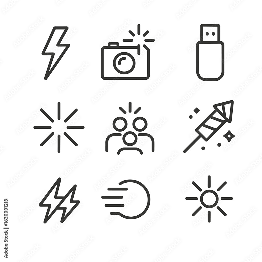 Poster flash icon set. outline icon set of flash concepts: lightning bolt, camera flash, flash drive, sudde