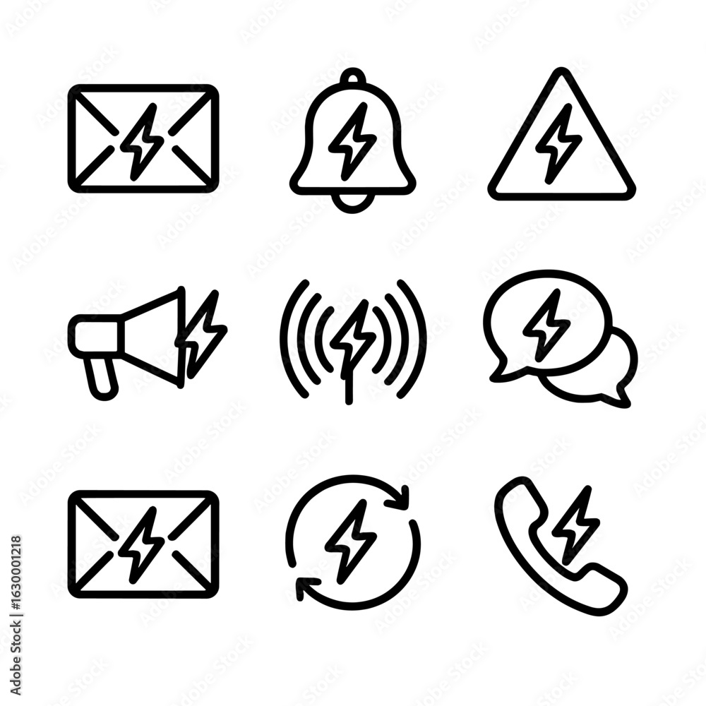 Poster flash communication icons. outline icon set of flash communication: flash message, flash notificatio