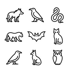 Shadow Animal Icons. Outline icon set of shadow animals: shadow wolf, black raven, shadow snake, dark panther, shadow bat, ghostly