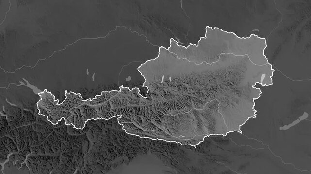 Austria on the map. Zoom and highlight of the area on a grayscale map.