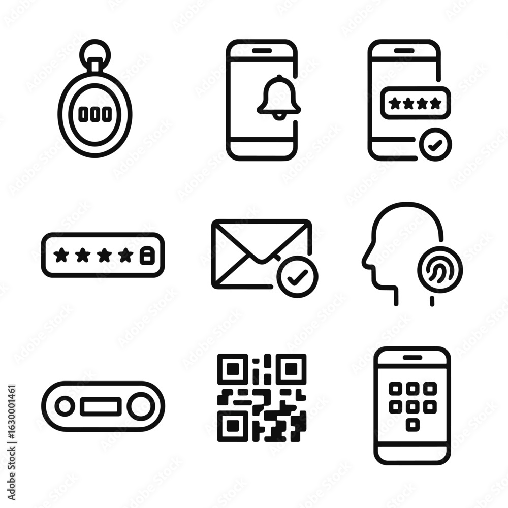 Poster authentication icons grid. outline icon set of multi-factor authentication: otp token, push notifica