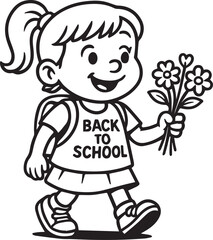 Back to School girl: A young girl walks towards school, a bouquet of flowers in hand, a joyful anticipation of the new school year.