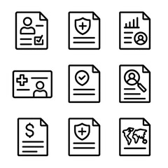Medical Insurance Icons. Outline icon set of medical insurance documents: application form, claim form, explanation of benefits,