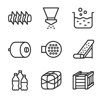 Mechanical Recycling Icons. Outline icon set of mechanical recycling workflows: shredder blade, granulator hopper, washing tank,