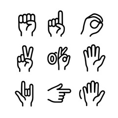 Fototapeta premium Sign Language Icons. Outline icon set of sign language hands: alphabet signs, hand spelling, fingerspelling, communication hand,