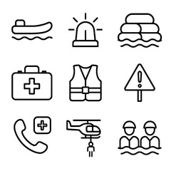 Fototapeta premium Skyfall Emergency Icons. Outline icon set of skyfall emergency response: rescue boat, emergency siren, flood barrier, emergency