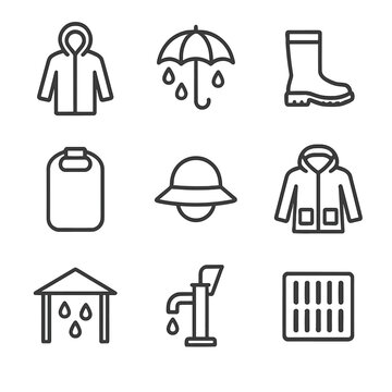 Skyfall Safety Icons. Outline icon set of skyfall safety and protection: raincoat, umbrella, waterproof boots, waterproof bag,