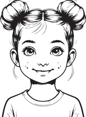 Sweet Girl with Buns: Charming illustration of a smiling young girl with adorable space buns, freckles, and a heartwarming expression.