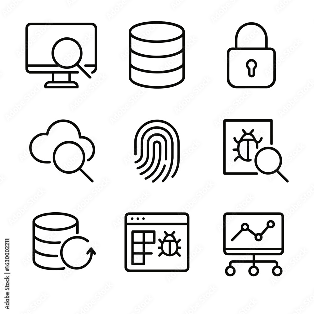 Aufkleber forensic tools icons. outline icon set of forensic digital tools: computer screen, database, securit