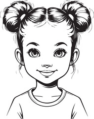 Lovely Girl with Double Buns: A charming black and white line art of a young girl with adorable double buns, radiating pure innocence and delight.
