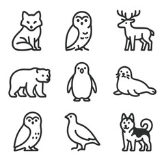 Obraz premium Snow Animals Icons. Outline icon set of snow animals and wildlife: arctic fox, snow owl, reindeer, polar bear, penguin, seal,