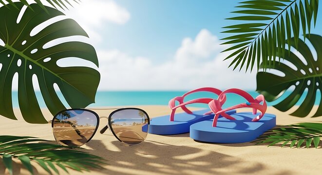 Tropical beach escape with sunglasses and flip-flops offering a relaxing coastal vibe