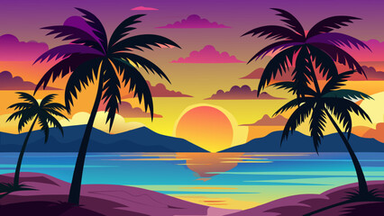 Vector art of vibrant tropical sunset over the ocean with silhouetted palm trees on a sandy beach, reflecting in the calm water, creating a serene paradise