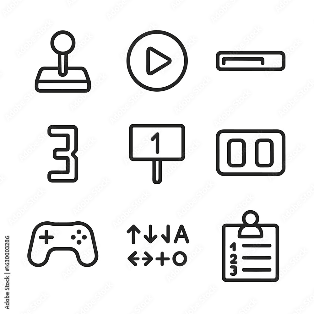 Poster game countdown icons. outline icon set of game start countdown: arcade joystick, play button, loadin
