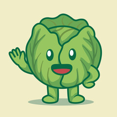 Cartoon Illustration of a Waving Cabbage Mascot