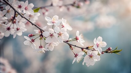 Obraz premium Floral backdrop featuring white cherry flowers set against a blurred background