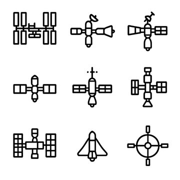 Space Stations Icons. Outline icon set of space stations: International Space Station, Mir, Salyut, Tiangong, Skylab, Almaz,