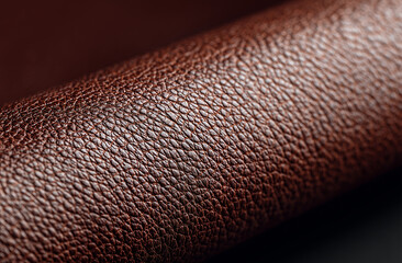 Close-up of rolled full-grain Italian leather in rich chocolate brown