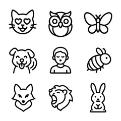 Fototapeta premium Emotional Animals Icon Set. Outline icon set of emotional animals: cat with heart eyes, dog wagging tail, owl with wide eyes,