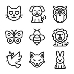 Fototapeta premium Emotional Animal Icons. Outline icon set of emotional animals: cat with heart eyes, dog wagging tail, owl with wide eyes,