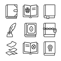 Spellbook Icon Collection. Outline icon set of spellbooks and grimoires: leather-bound tome, open page with sigil, bookmark ribbon