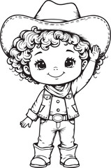 Tiny Cowboy's Greeting: A cute, hand-drawn illustration of a young cowboy figure, sporting a classic hat and attire, waves hello, capturing the essence of a friendly Western welcome.