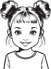 Adorable Girl Portrait: A charming monochrome illustration of a sweet girl with adorable hair buns, radiating joy and innocence with her bright eyes and gentle smile.