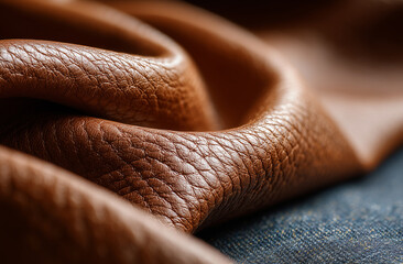 Macro shot of dark tan leather sheet with natural pores and hand-oiled sheen