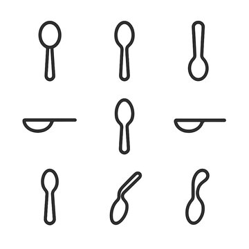 Spoon Icon Set. Outline icon set of tablespoon shapes and styles: round spoon, oval spoon, long handle spoon, flat spoon, deep