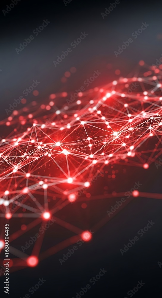 Poster abstract network connections flowing through digital space with glowing red nodes