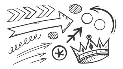 Collection of hand drawn doodle elements including arrows circles a crown and abstract shapes on a white background