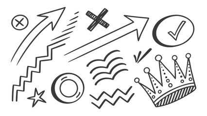 Collection of hand drawn doodle elements including arrows a crown checkmark cross star and geometric shapes on a white background