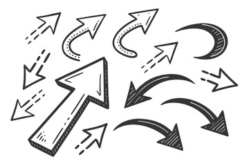 Collection of hand drawn doodle arrows pointing in various directions with different styles and textures