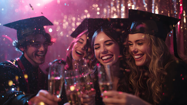 Graduating Students Celebrate with Friends at a Joyful Graduation Party Filled with Cheers and Laughter
