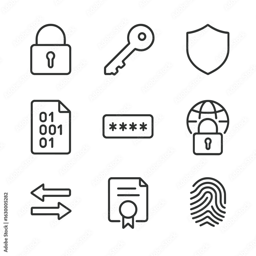 Poster encryption basics icons. outline icon set of encryption basics: lock, key, shield, encrypted file, p
