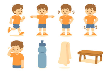 Pre-Game Cooldown Icons. Flat vector mini-illustrations pre game athletic cooldown in colors children's illustrations: light jog,