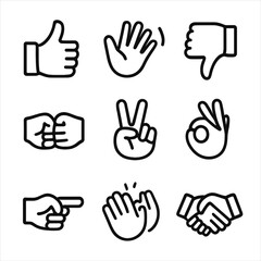 Fototapeta premium Hand Signal Icons. Outline icon set of hand signals: thumbs up, thumbs down, wave, fist bump, peace sign, OK sign, pointing finger