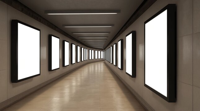 Four blank billboard advertisement posters on underground wall. 3d illustration