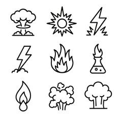 Energy Explosion Icons. Outline icon set of energy explosions: nuclear blast, plasma burst, electrical arc, lightning strike,