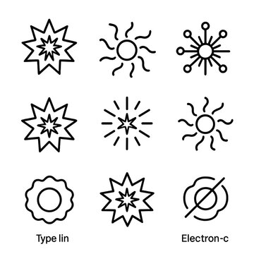 Supernova Icon Set. Outline icon set of supernova types: Type Ia, Type Ib, Type Ic, Type II-P, Type II-L, Type IIb, Type IIn, Pair