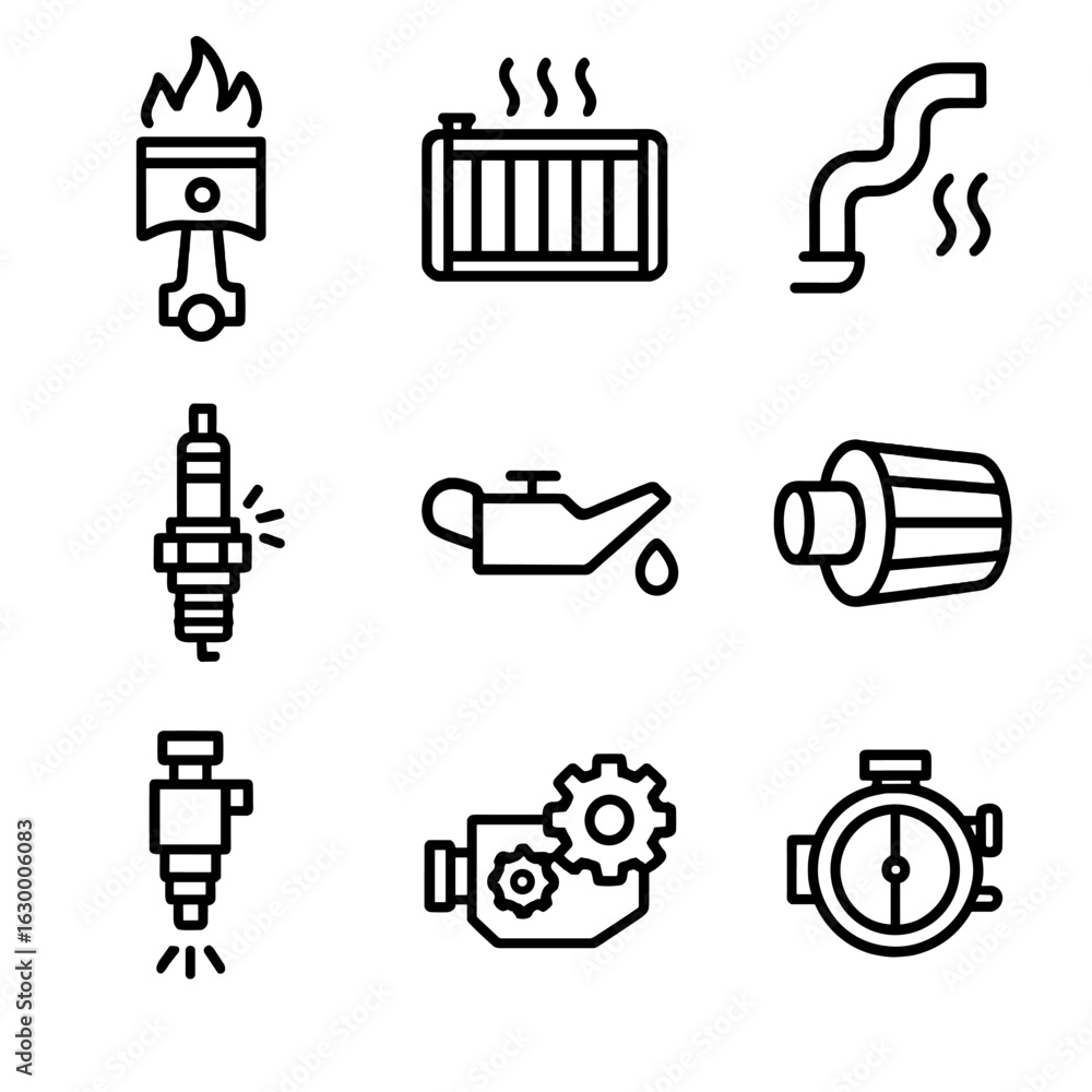 Poster engine function icon set. outline icon set of engine functions: combustion, cooling system, exhaust,