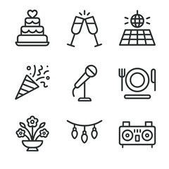 Fototapeta premium Reception Icon Set. Outline icon set of reception and celebration scenes: wedding cake, champagne glasses, dance floor, DJ booth,