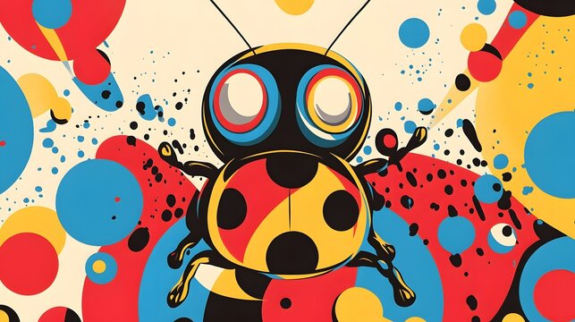 Digital illustration of a ladybug amidst dynamic, multicolored, splattered circles.
