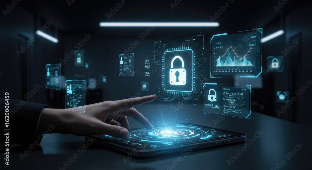 Poster interactive digital tablet security system illustration displays advanced information visualization